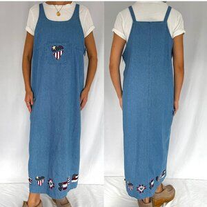 90s vintage Christopher Banks blue denim USA flag patriotic long maxi jean dress
